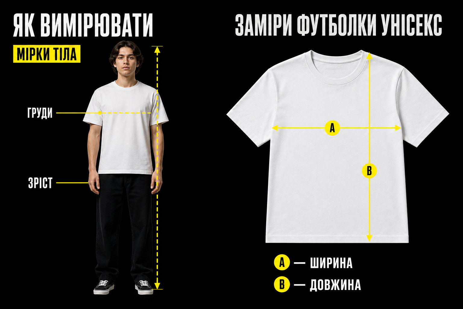 Схема замірів футболки ISAAC: A — ширина, B — довжина